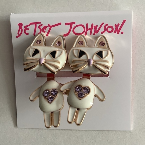 Betsey Johnson White Cat Front Back Enamel Earring Jackets New - Picture 2 of 3